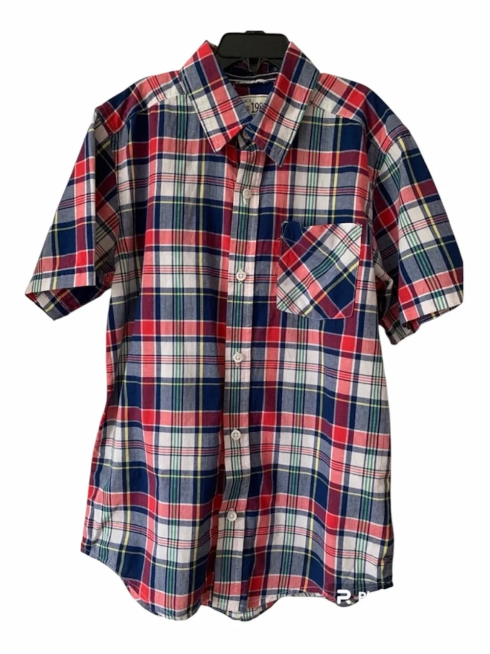 Children’s Place Shirt Boy L 10/12 Red White Blue Plaid Button Down Short Sleeve