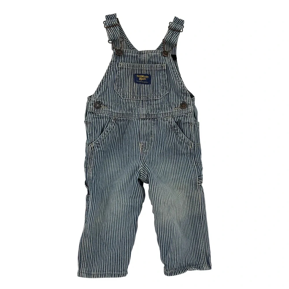 OshKosh B'gosh Kids Blue Hickory Stripe Vestbak Denim Bib Overalls 12 Months VTG
