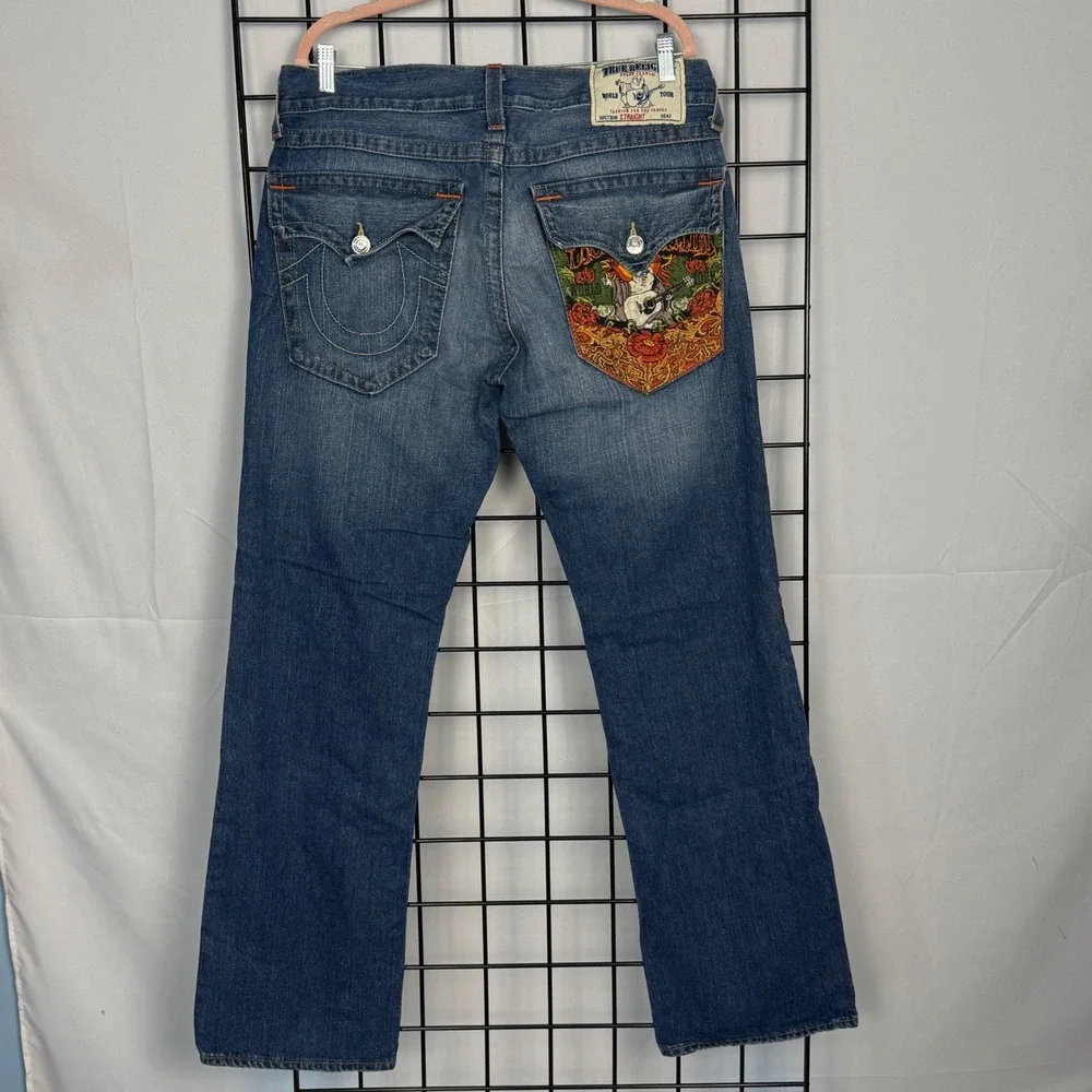 True Religion Ricky Straight Jeans Mens 34 Blue Embroidered Pocket USA Made RARE