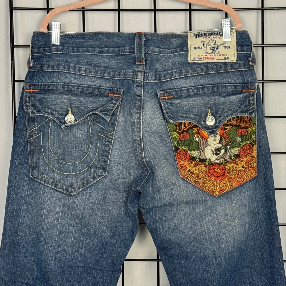 True Religion Ricky Straight Jeans Mens 34 Blue Embroidered Pocket USA Made RARE