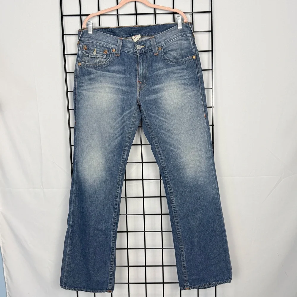 True Religion Ricky Straight Jeans Mens 34 Blue Embroidered Pocket USA Made RARE