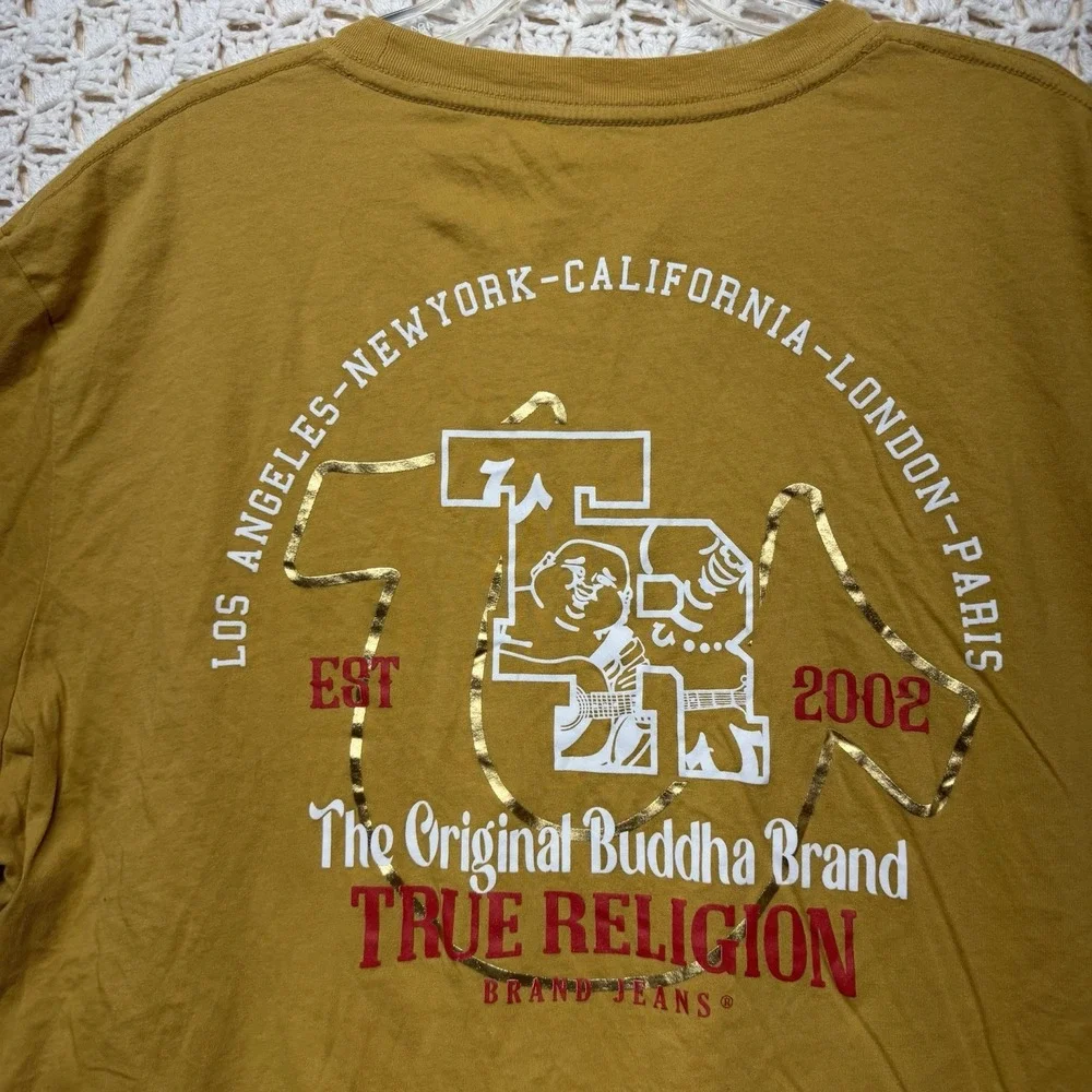 True Religion T Shirt Mens XL Yellow Short Slv Crew Neck The Original Buddha