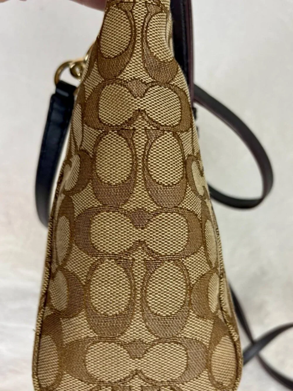 Coach Small Kelsey Satchel in Khaki Signature Jacquard, Leather Trim, Charm