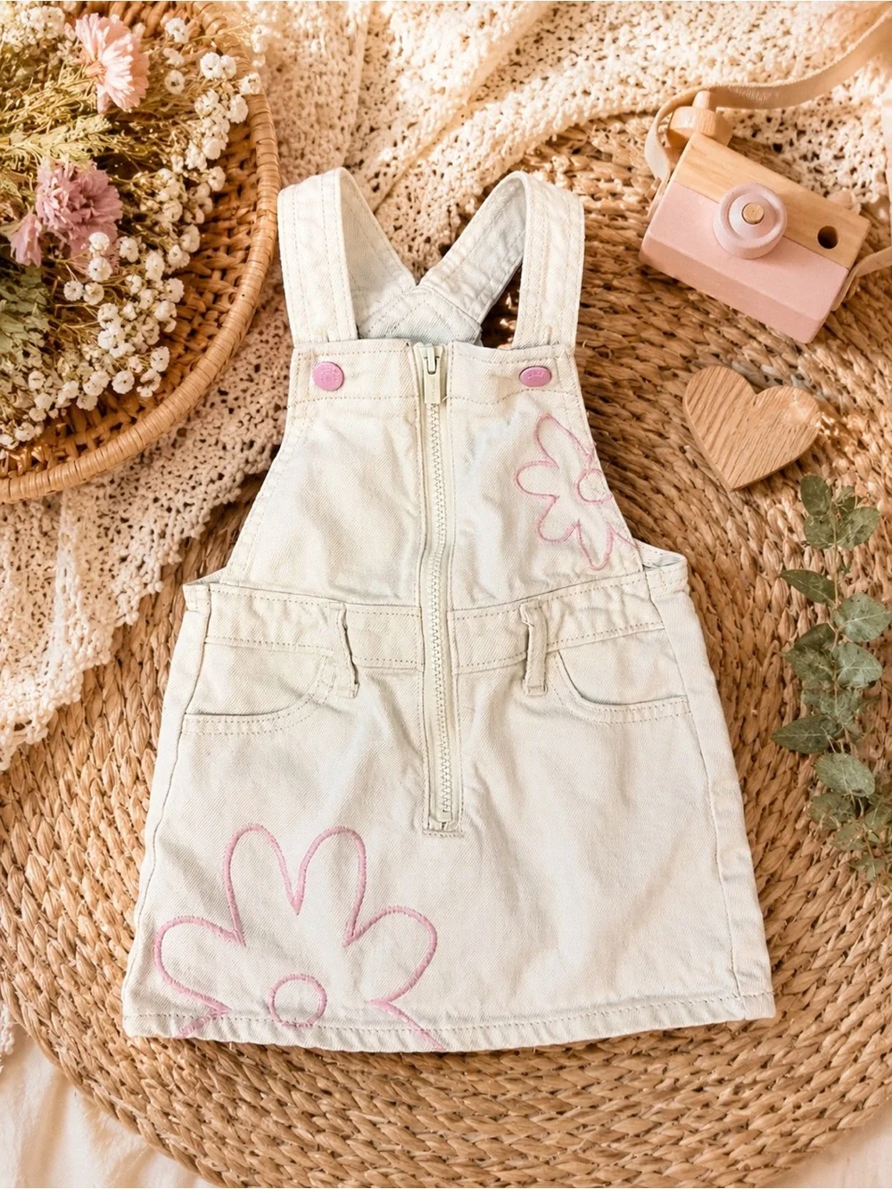 Old Navy White Denim Overall Dress with Embroidered Floral Detail