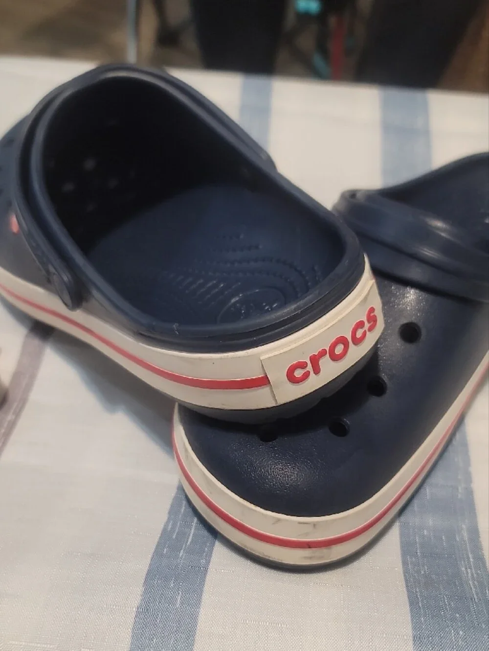 CROCS Kids Navy Clogs with Red and White Stripe
