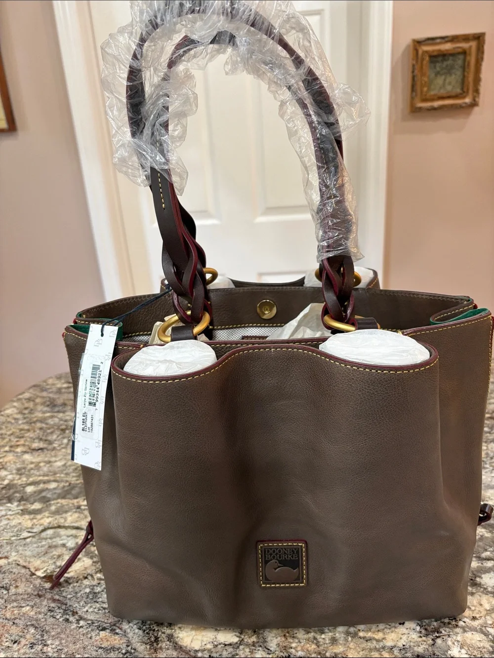 NWT Dooney & Bourke Florentine Leather Large Zip Barlow Satchel in Elephant