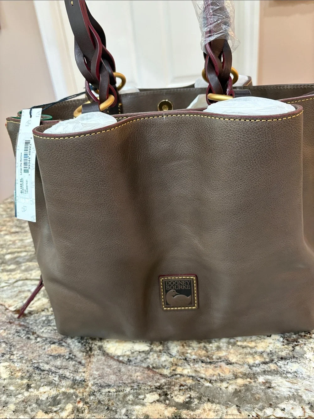 NWT Dooney & Bourke Florentine Leather Large Zip Barlow Satchel in Elephant