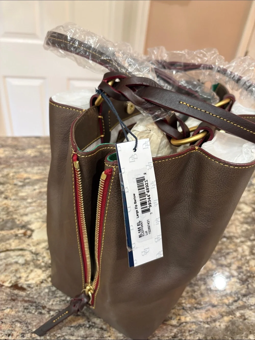NWT Dooney & Bourke Florentine Leather Large Zip Barlow Satchel in Elephant