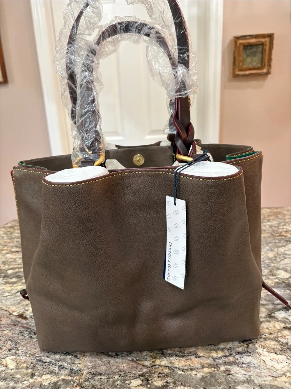 NWT Dooney & Bourke Florentine Leather Large Zip Barlow Satchel in Elephant