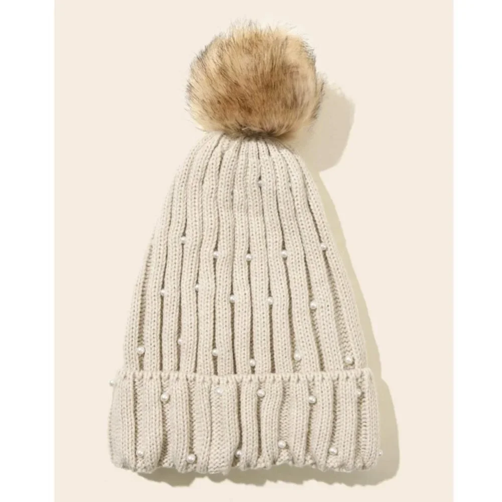 Cream Pearl Knit Beanie Hat Faux Fur Pom Pom Winter Warm Cozy Women's Cap
