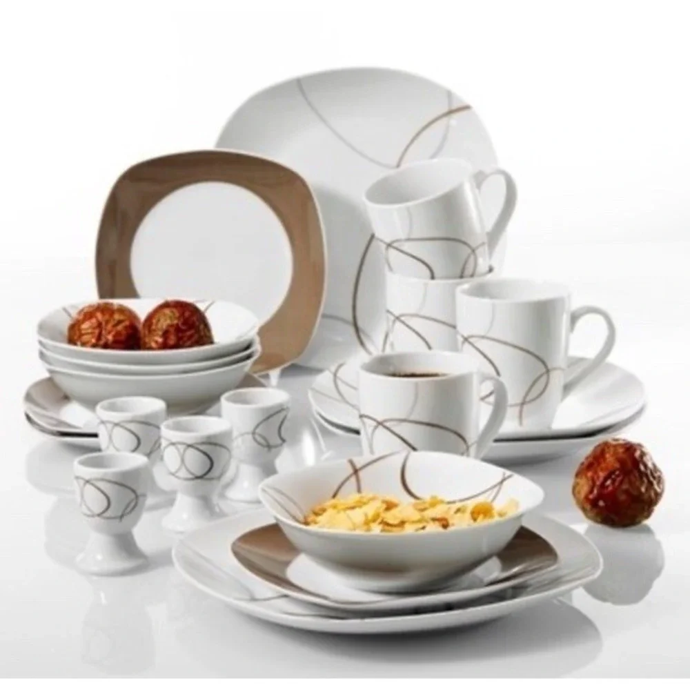 VEWEET Nikita 20-Piece Porcelain Dinnerware Set Ivory White Brown Lines Set NIB