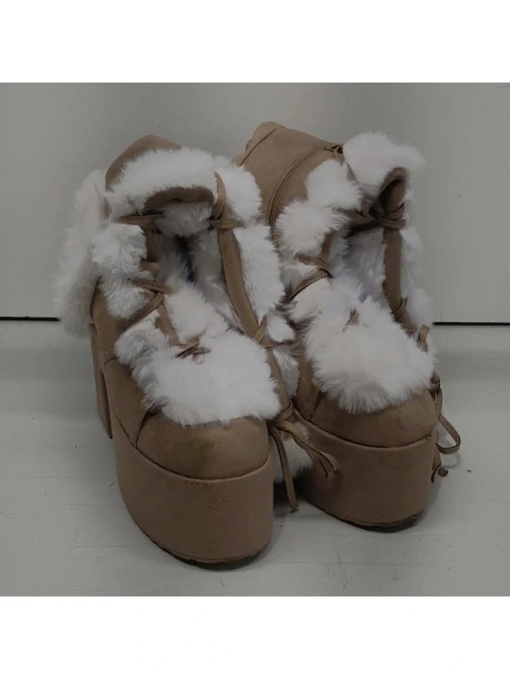Tan Over-the-Knee Platform Boot with White Faux Fur Trim
