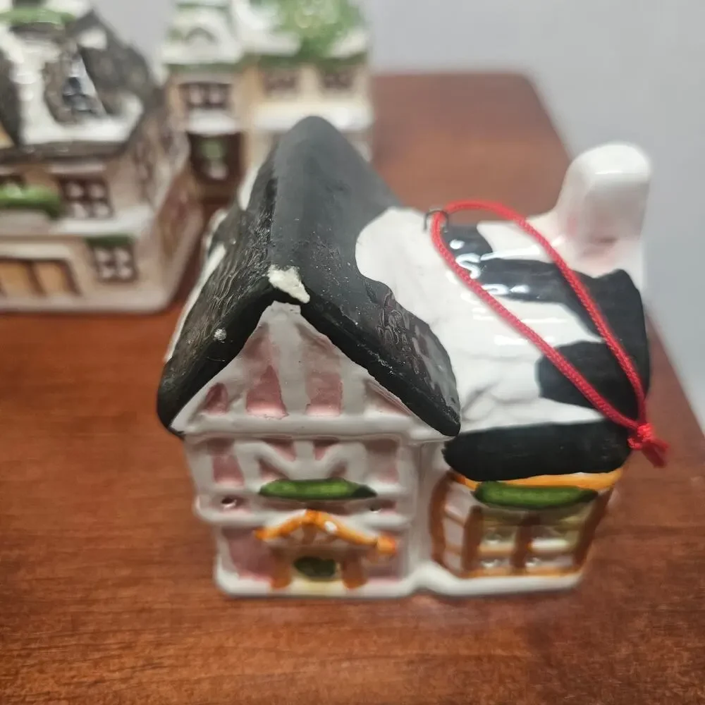 Vintage Ceramic Christmas Village House Hanging Ornaments set 5
