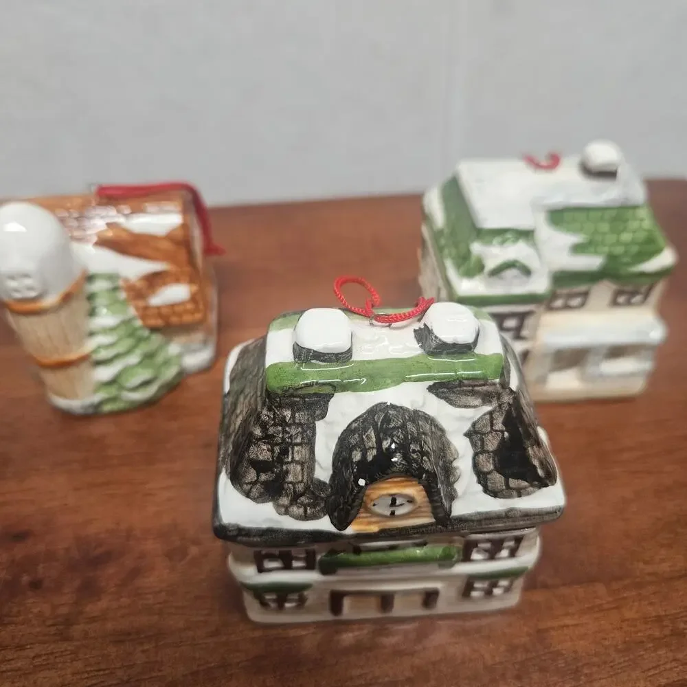 Vintage Ceramic Christmas Village House Hanging Ornaments set 5