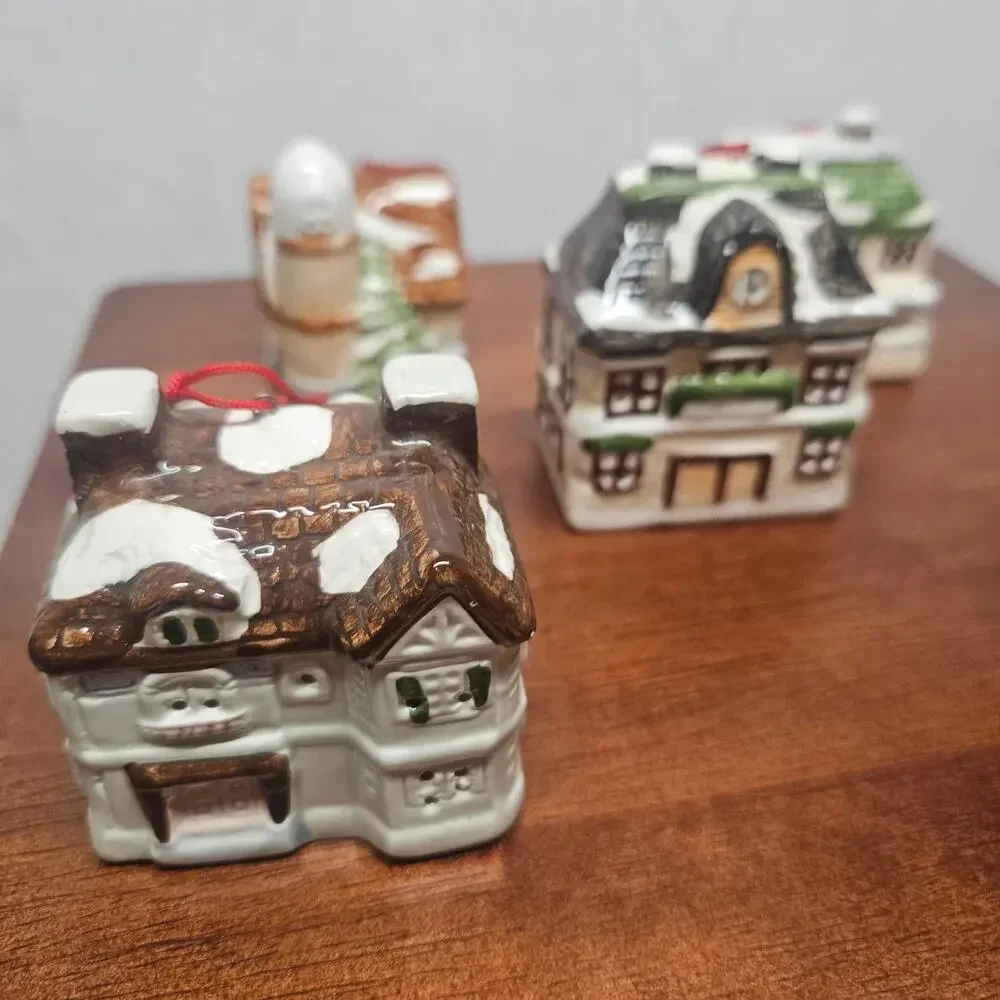 Vintage Ceramic Christmas Village House Hanging Ornaments set 5