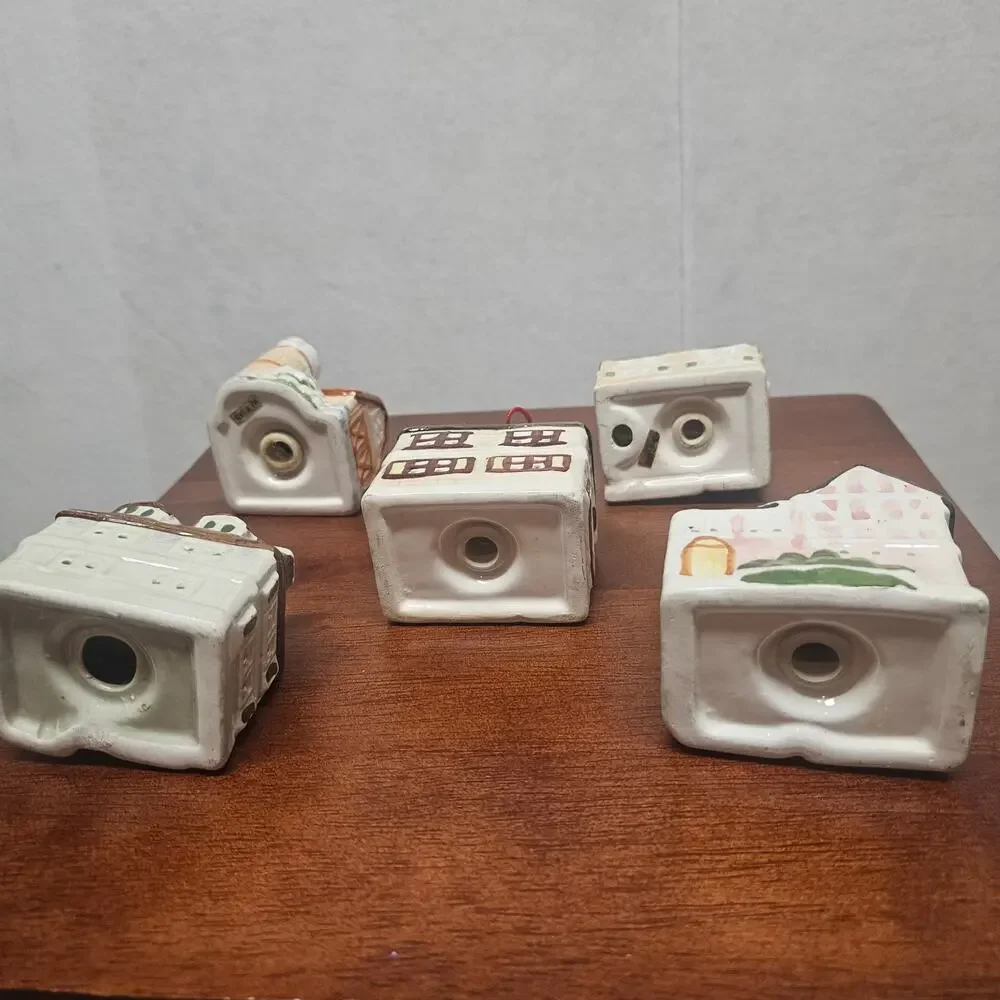 Vintage Ceramic Christmas Village House Hanging Ornaments set 5