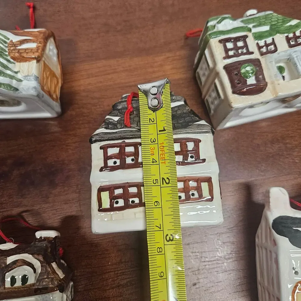 Vintage Ceramic Christmas Village House Hanging Ornaments set 5