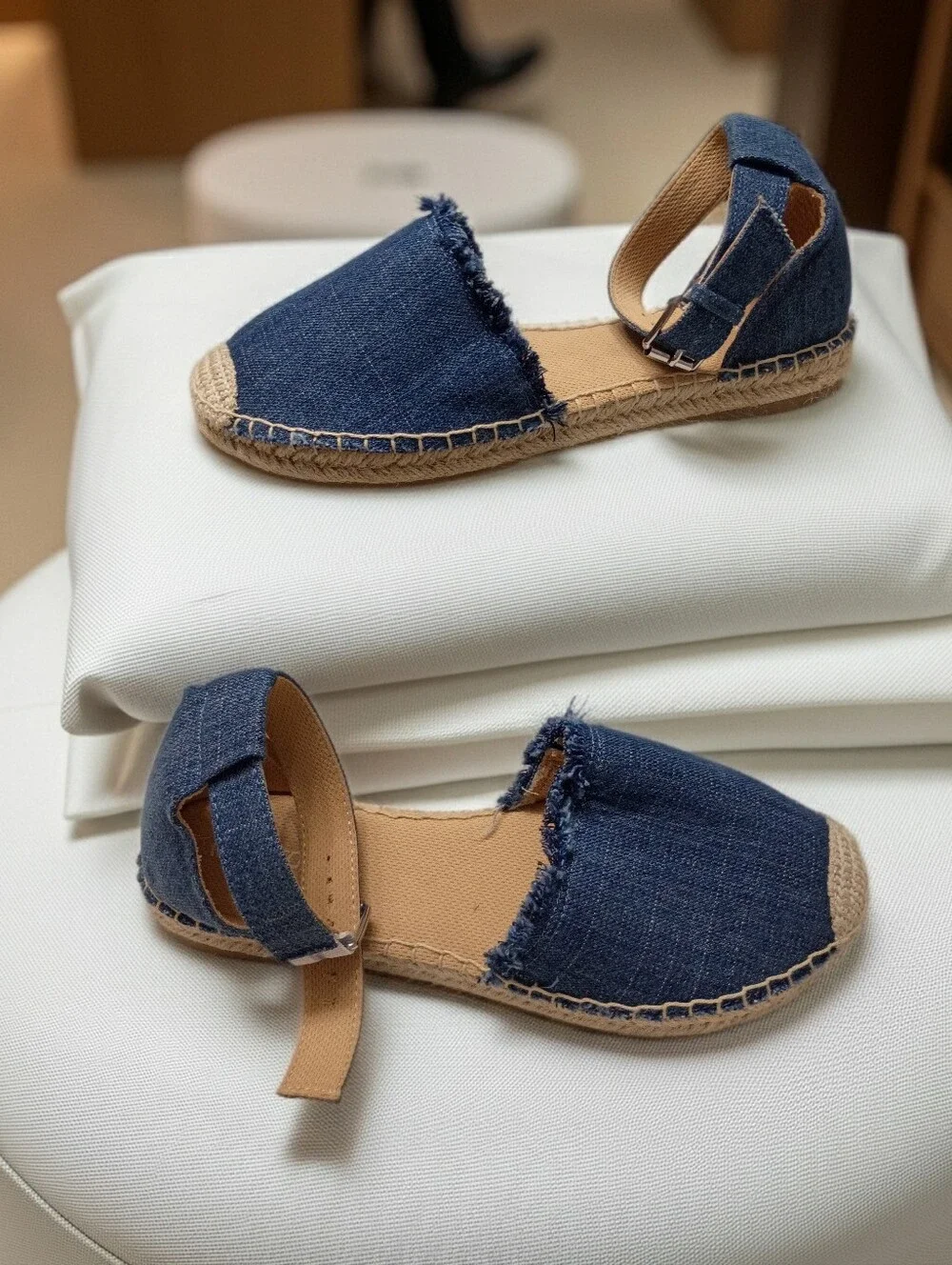 New W/Flaw Minnetonka Denim Blue Espadrille Sandals with Ankle Strap 8M