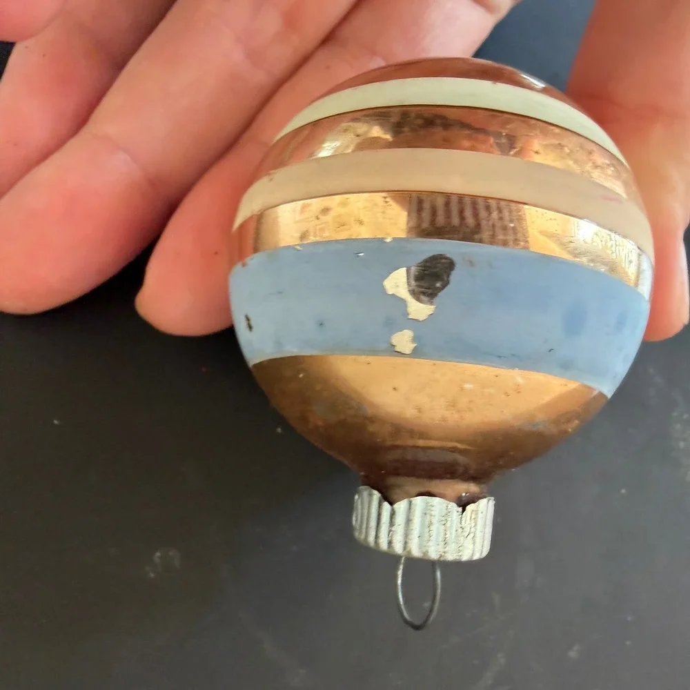 Vintage Shiny Brite Glass Christmas Ornament Copper Blue Striped USA MCM Round