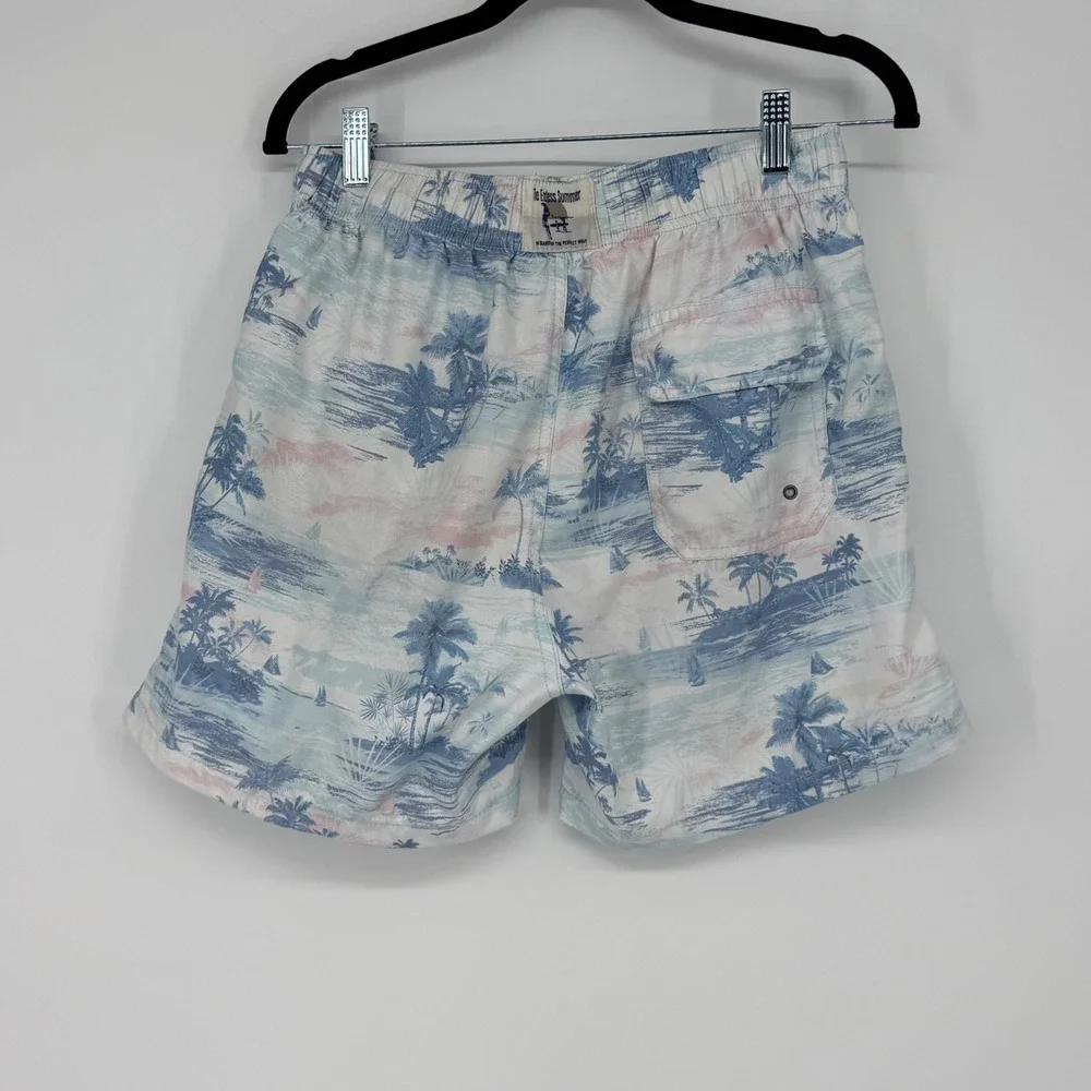 The Endless Summer Mens‎ Small Swim Trunks Blue White Tropical Palm Tree Shorts