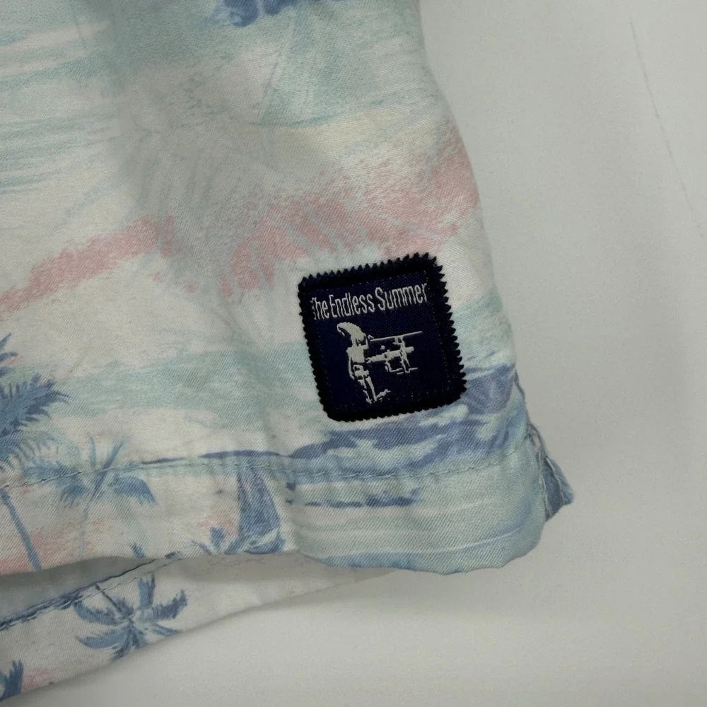 The Endless Summer Mens‎ Small Swim Trunks Blue White Tropical Palm Tree Shorts