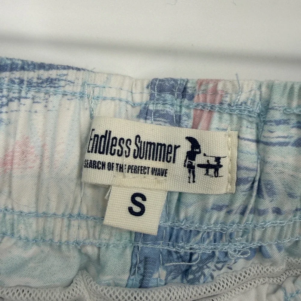 The Endless Summer Mens‎ Small Swim Trunks Blue White Tropical Palm Tree Shorts