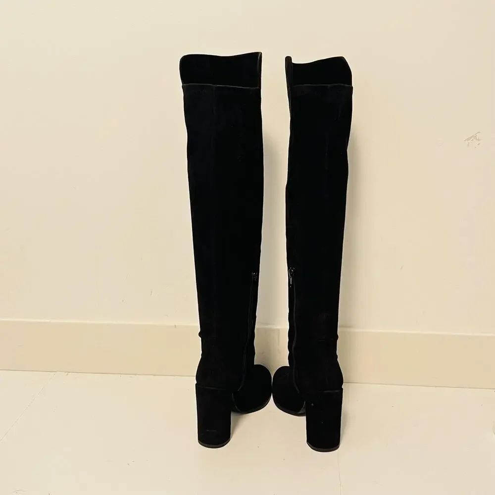 Stuart Weitzman Boots Womens 6 Black Suede Thigh High Over Knee Zip Block Heel