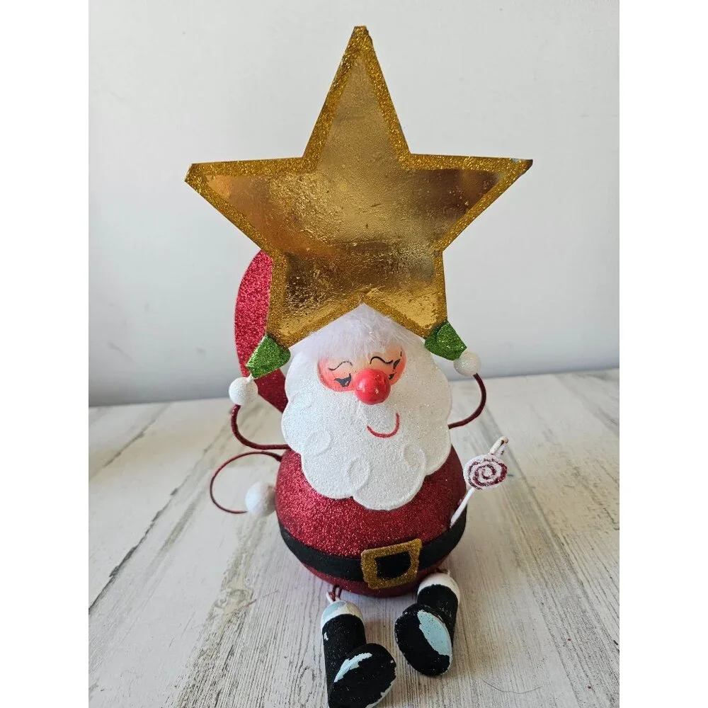 Pier 1 glitter Santa star metal vintage retired rare red gold Xmas decor centerp