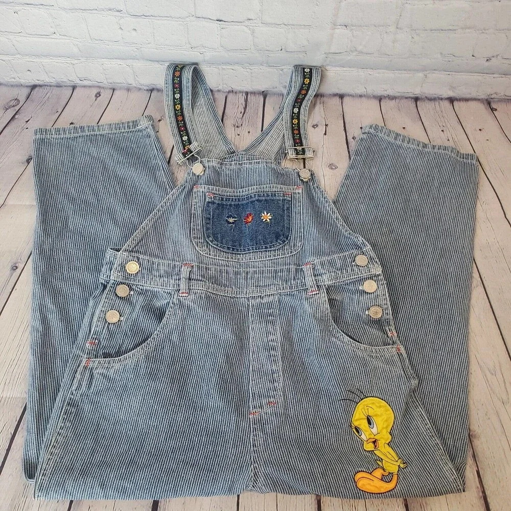 Vintage 1998 Looney Tunes Tweety Bird Denim Overalls Girls Size 10 Bibs‎ (30X21)