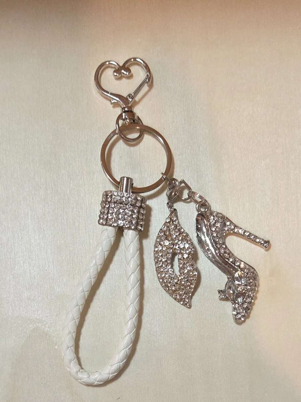 Glam Rhinestone High Heel Shoe & Lips Keychain with White Braided Wristlet 💎💋