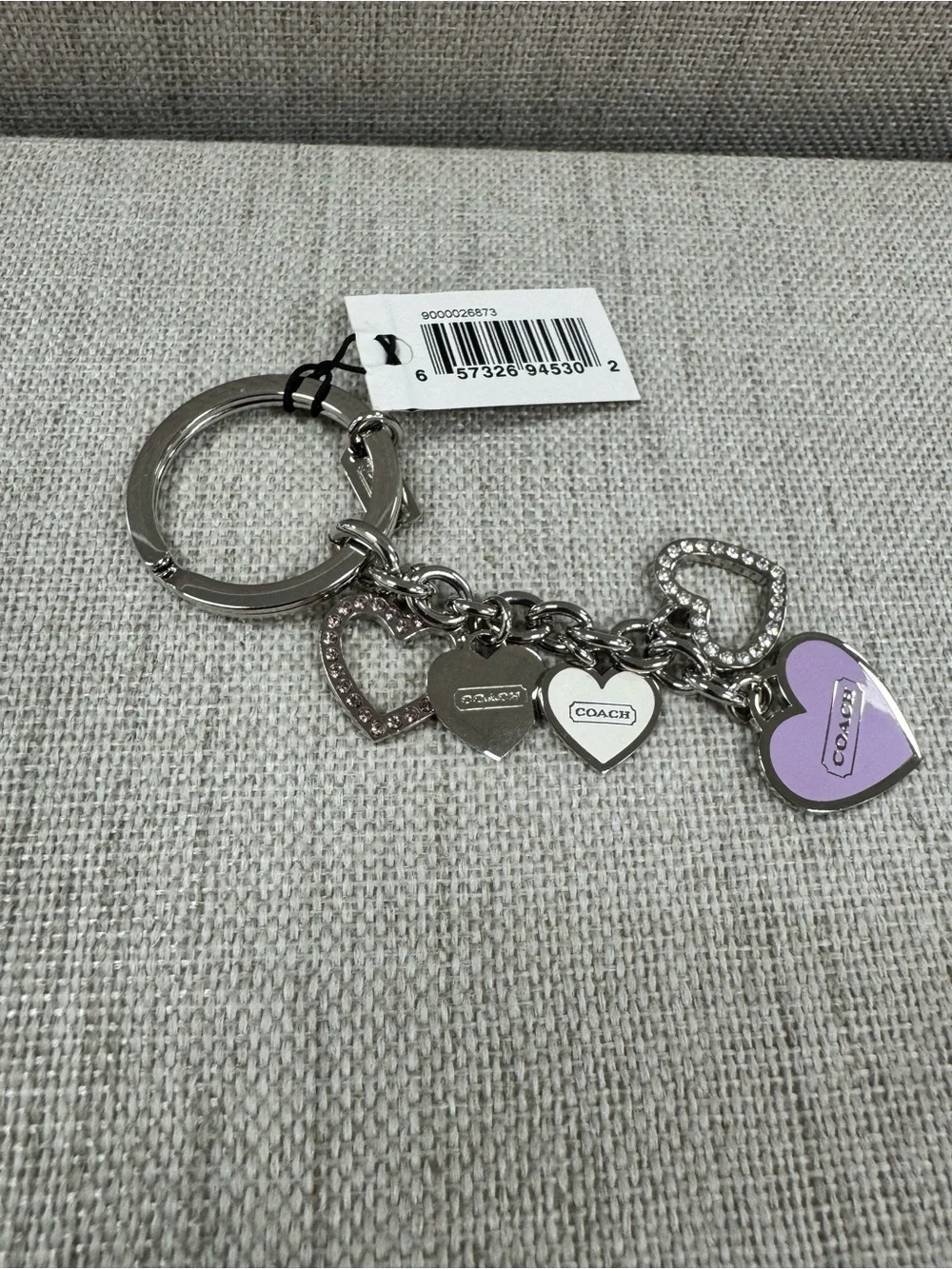 Coach Silver-tone Keychain with Lavender Heart Charm