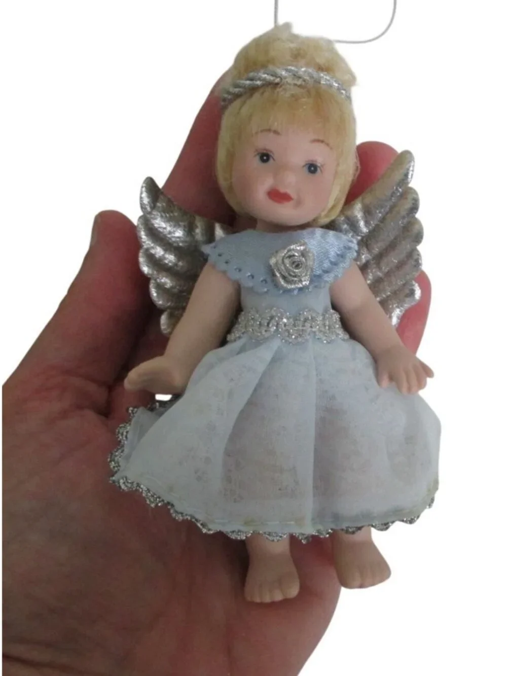 Vintage Angel Porcelain Doll Christmas Ornament Silver Wings Blue Dress 5