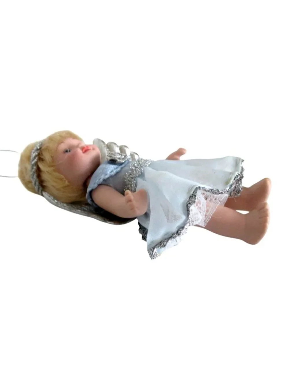Vintage Angel Porcelain Doll Christmas Ornament Silver Wings Blue Dress 5