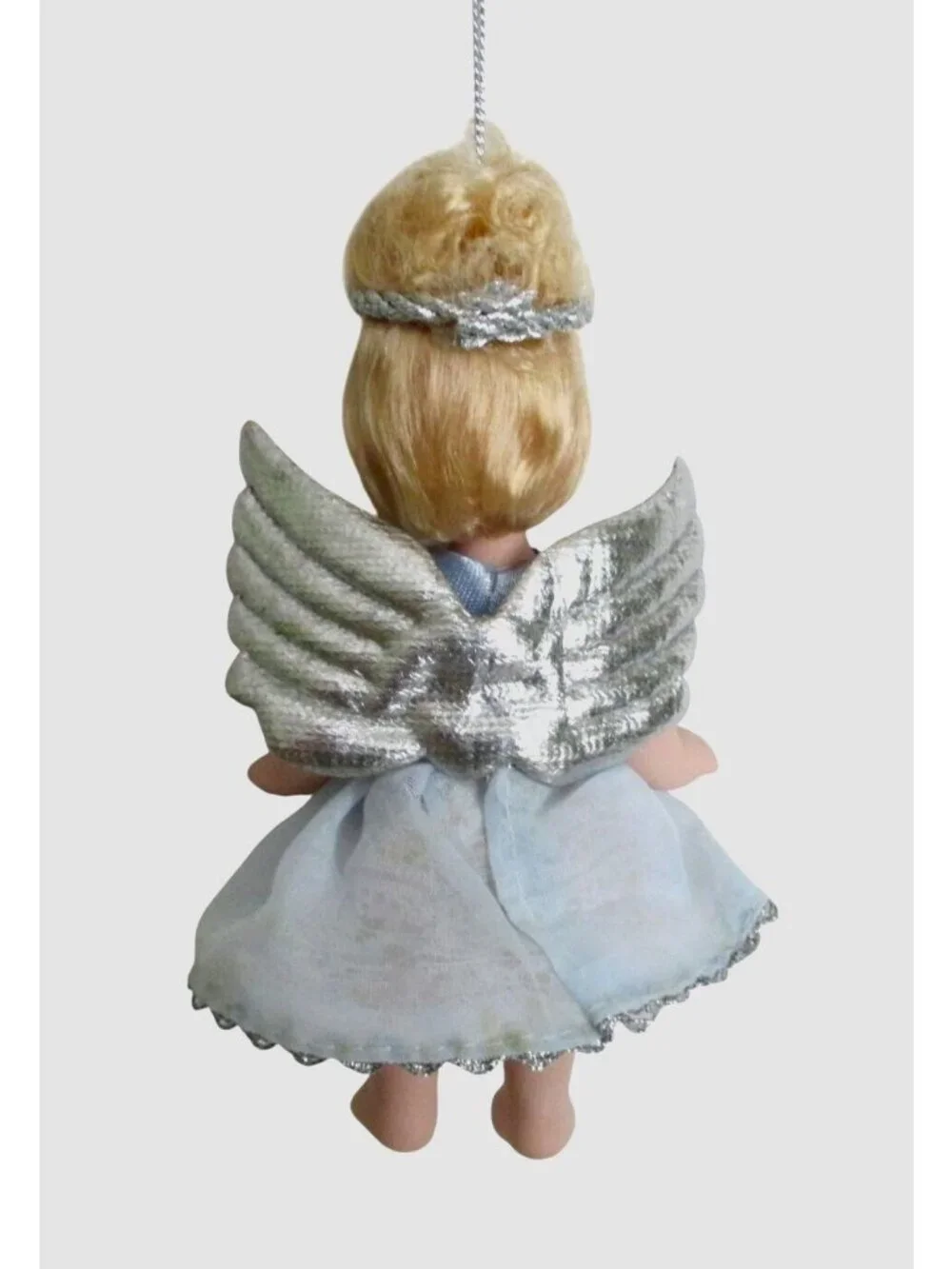 Vintage Angel Porcelain Doll Christmas Ornament Silver Wings Blue Dress 5