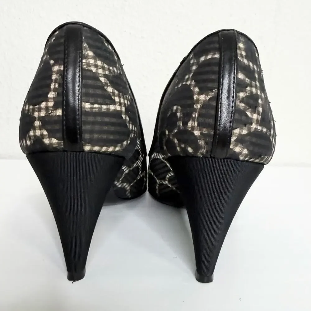 Chanel Black Mesh Tweed Cap Toe Bow Pumps Heels 37.5