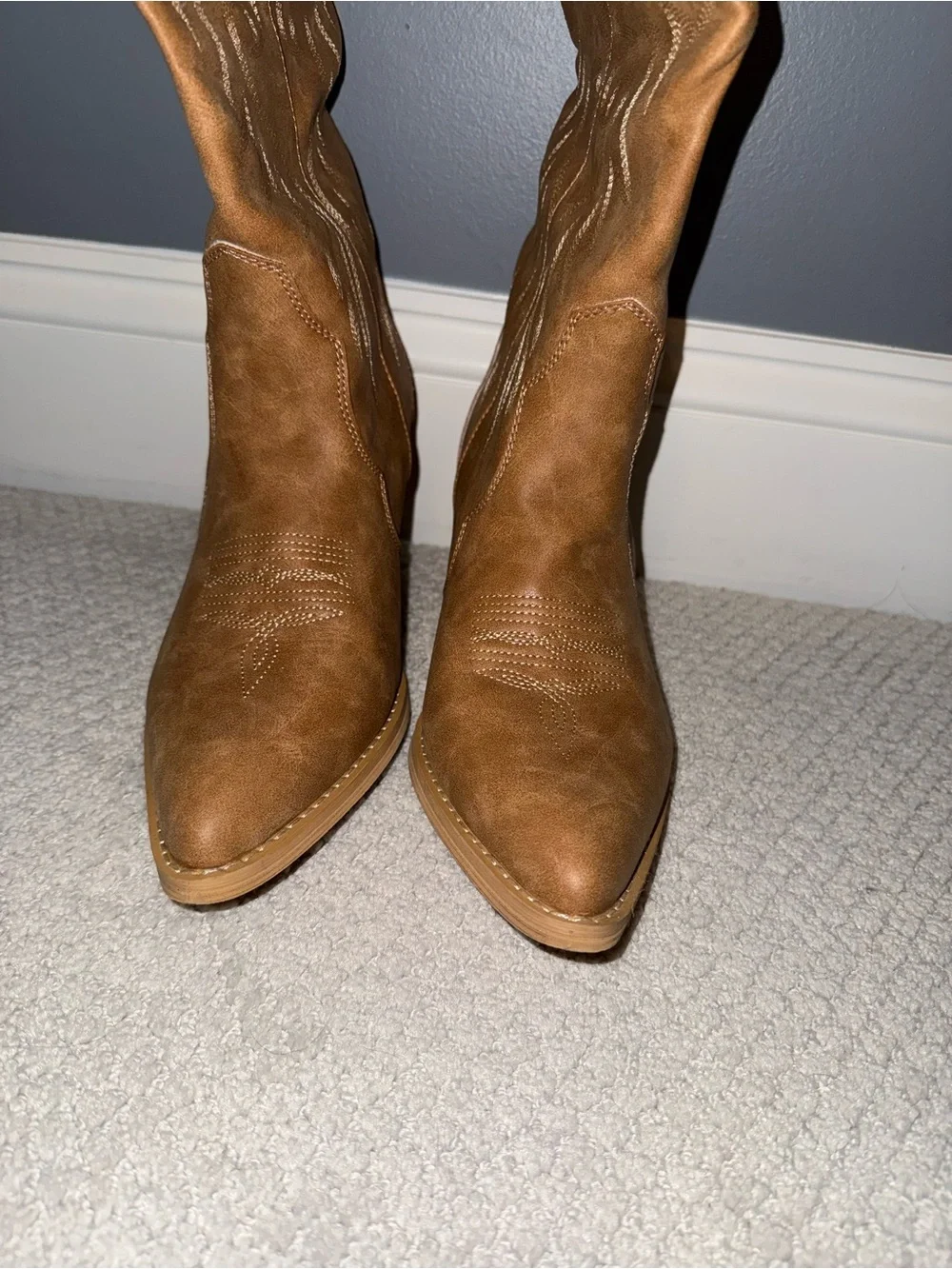 Embroidered Knee-High Western Boots Pointy Toe with Chunky Heel