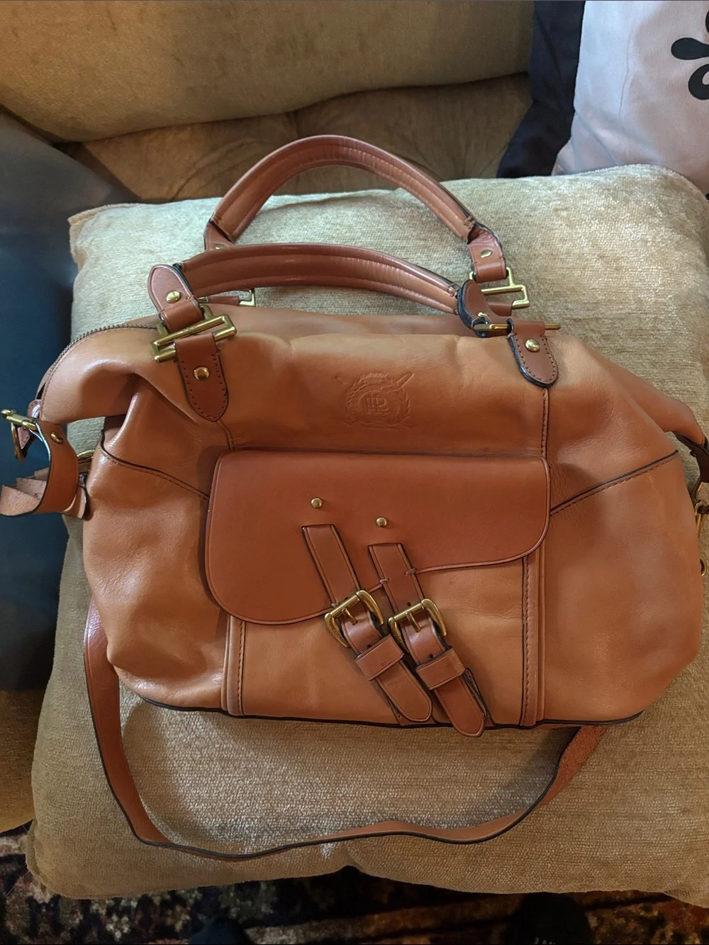 Ralph Lauren tan Leather Satchel Handbag with Front Buckles