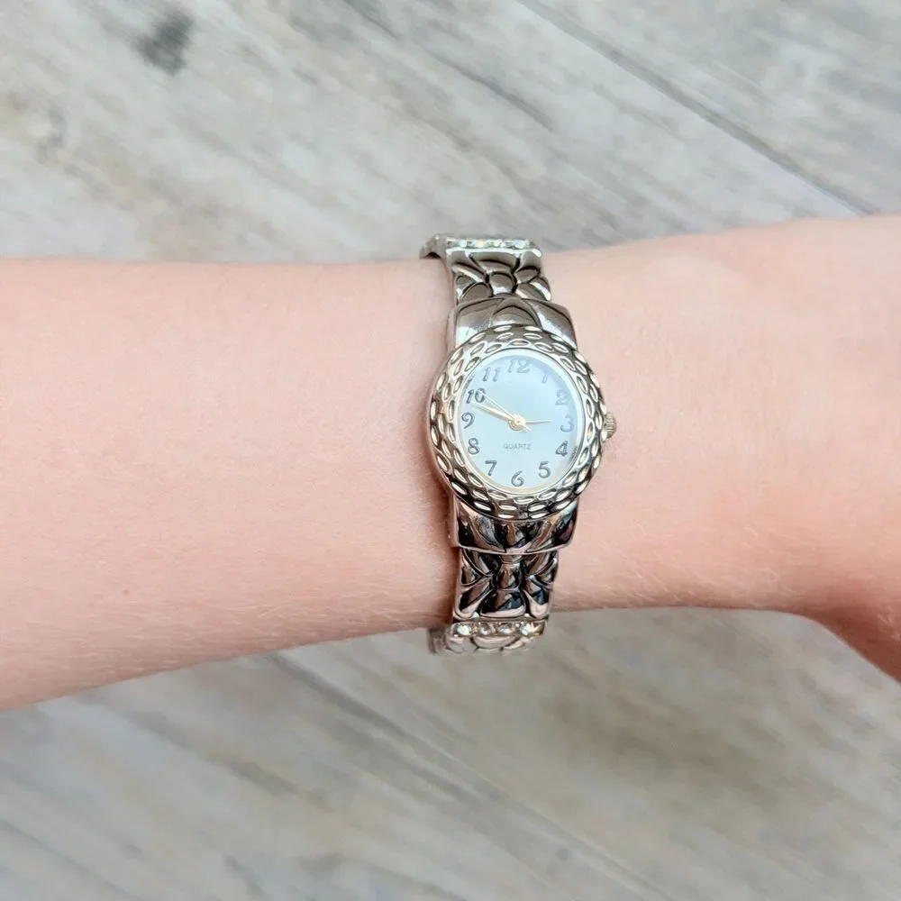 Vintage Silver Tone Cuff Bracelet Watch Floral Stretch Bangle Quartz Antique