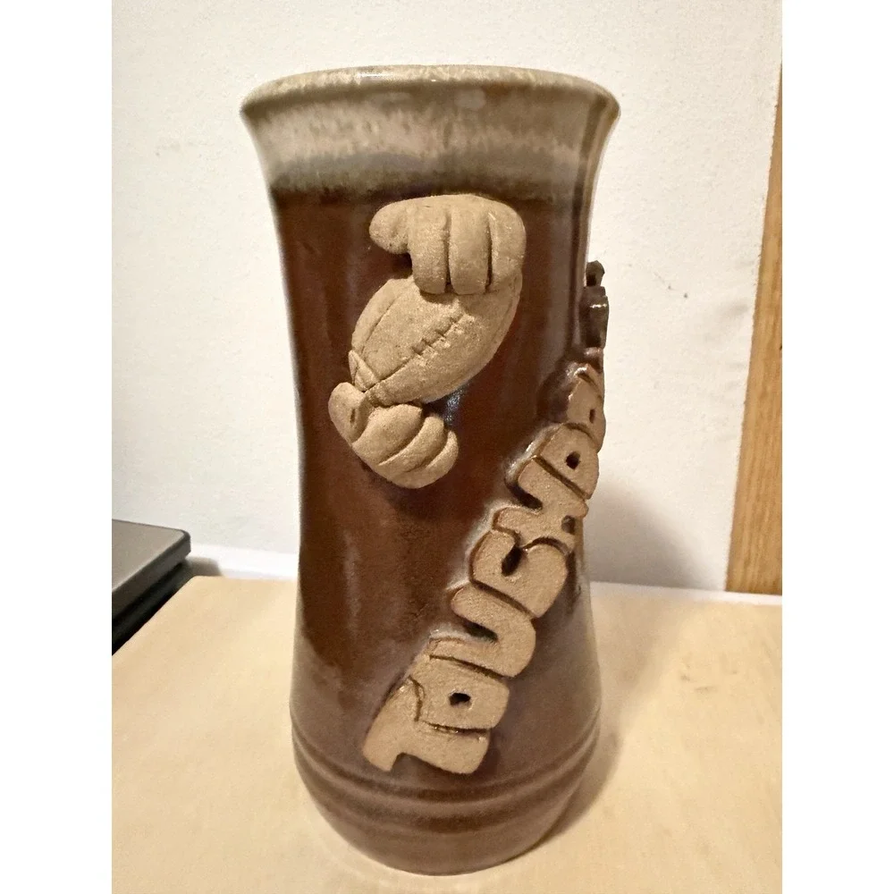 handmade stoneware pottery beer stein or mug Football TOUCHDOWN 8in