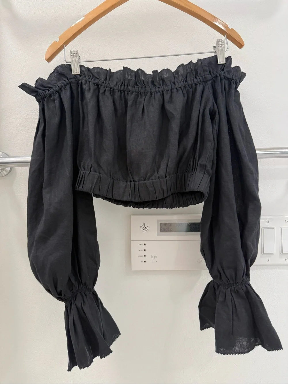 STAUD Black Off-Shoulder Smocked Crop Top