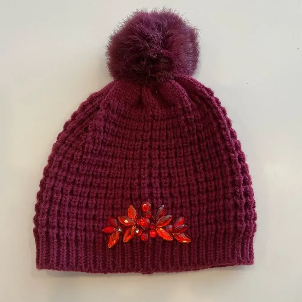 Burgundy Knit Beanie with Red Rhinestones & Faux Fur Poof