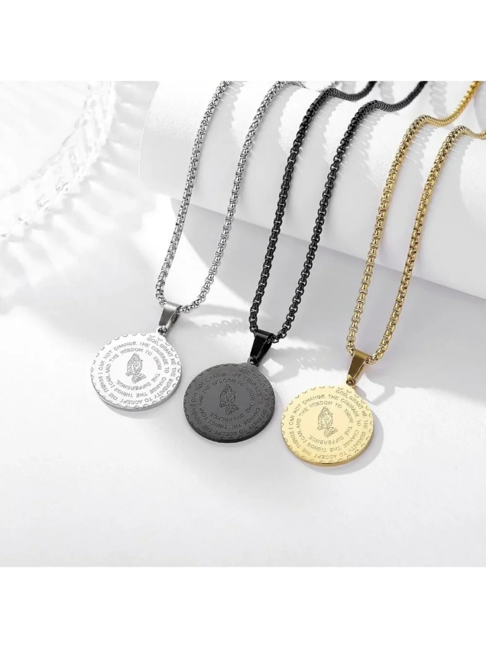 Stainless Steel Serenity Prayer Necklace with Praying Hands Coin Pendant for All