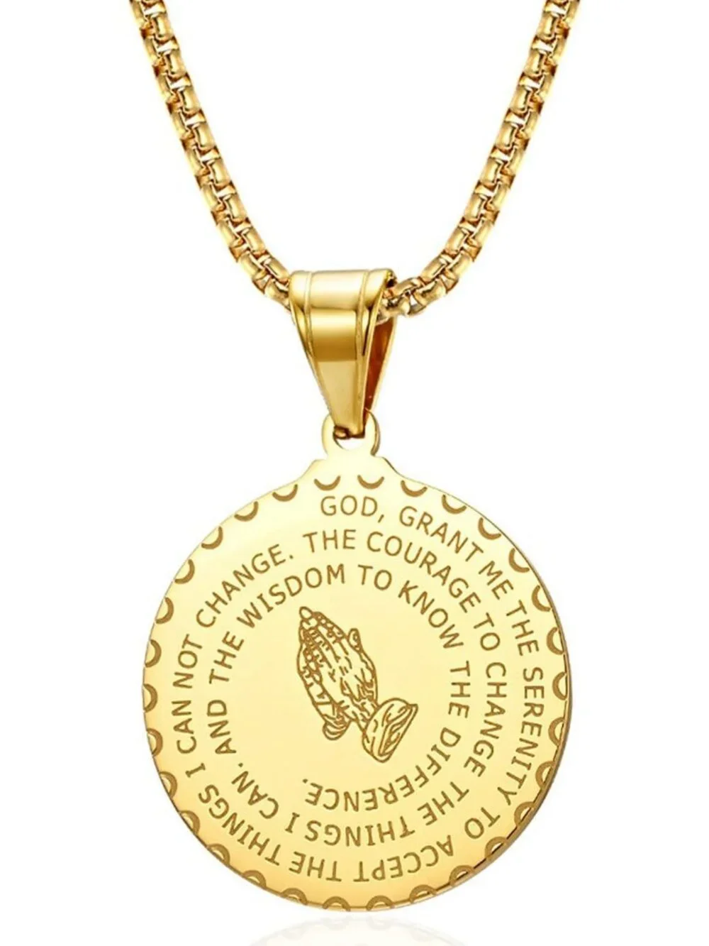 Stainless Steel Serenity Prayer Necklace with Praying Hands Coin Pendant for All