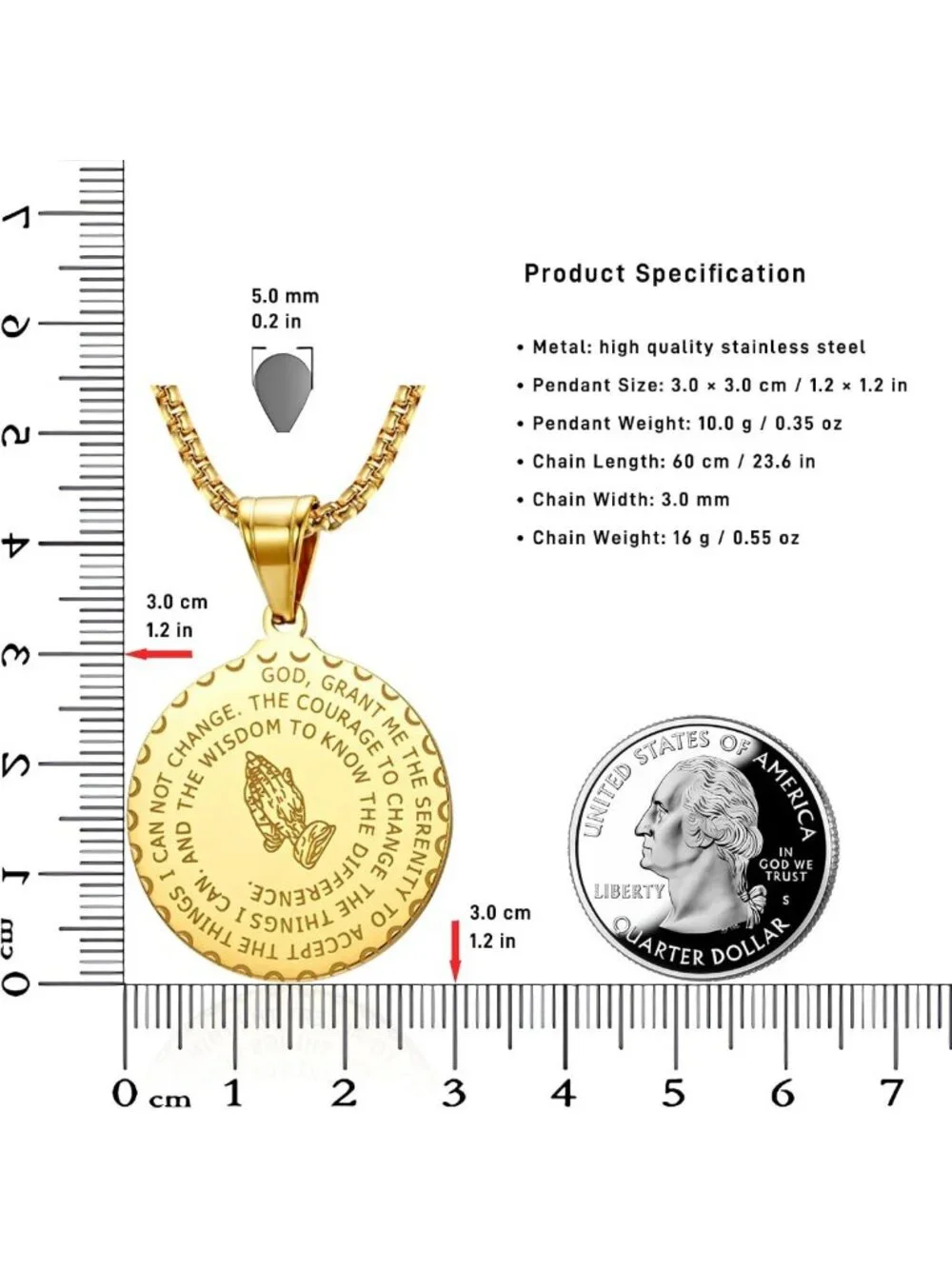 Stainless Steel Serenity Prayer Necklace with Praying Hands Coin Pendant for All