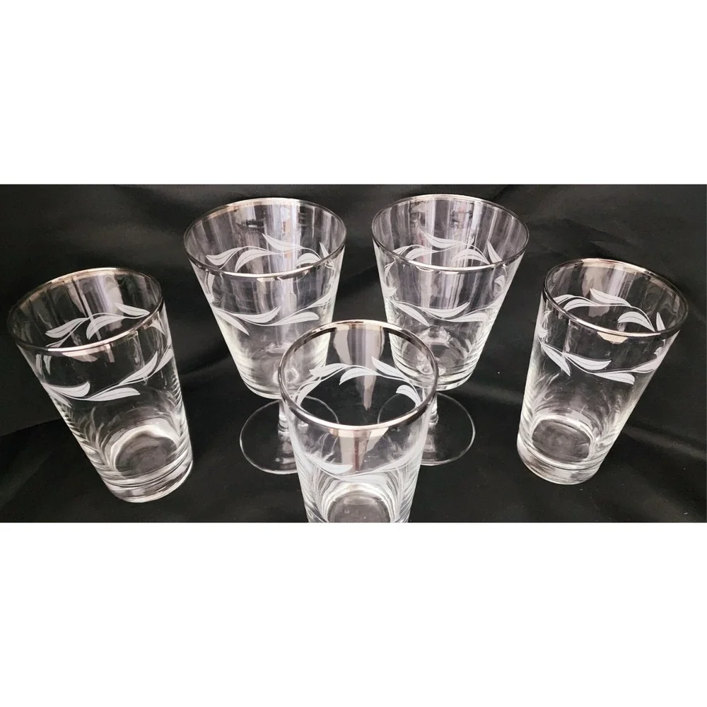 Vtg Platinum Rimmed Laurel Willow Etched Crystal France Glasses 2 Stem 3 Without