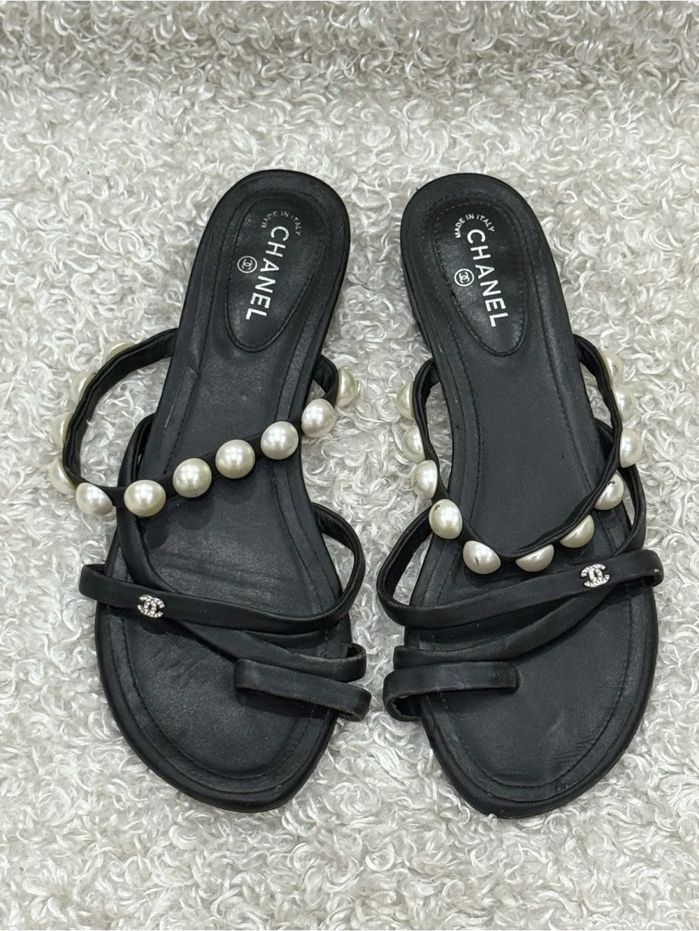 CHANEL Black Pearl Sandals Size 39C