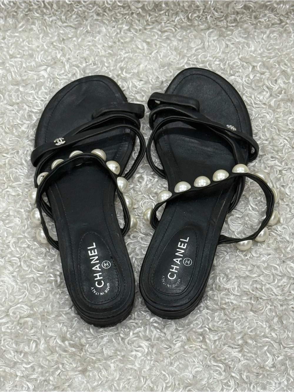 CHANEL Black Pearl Sandals Size 39C