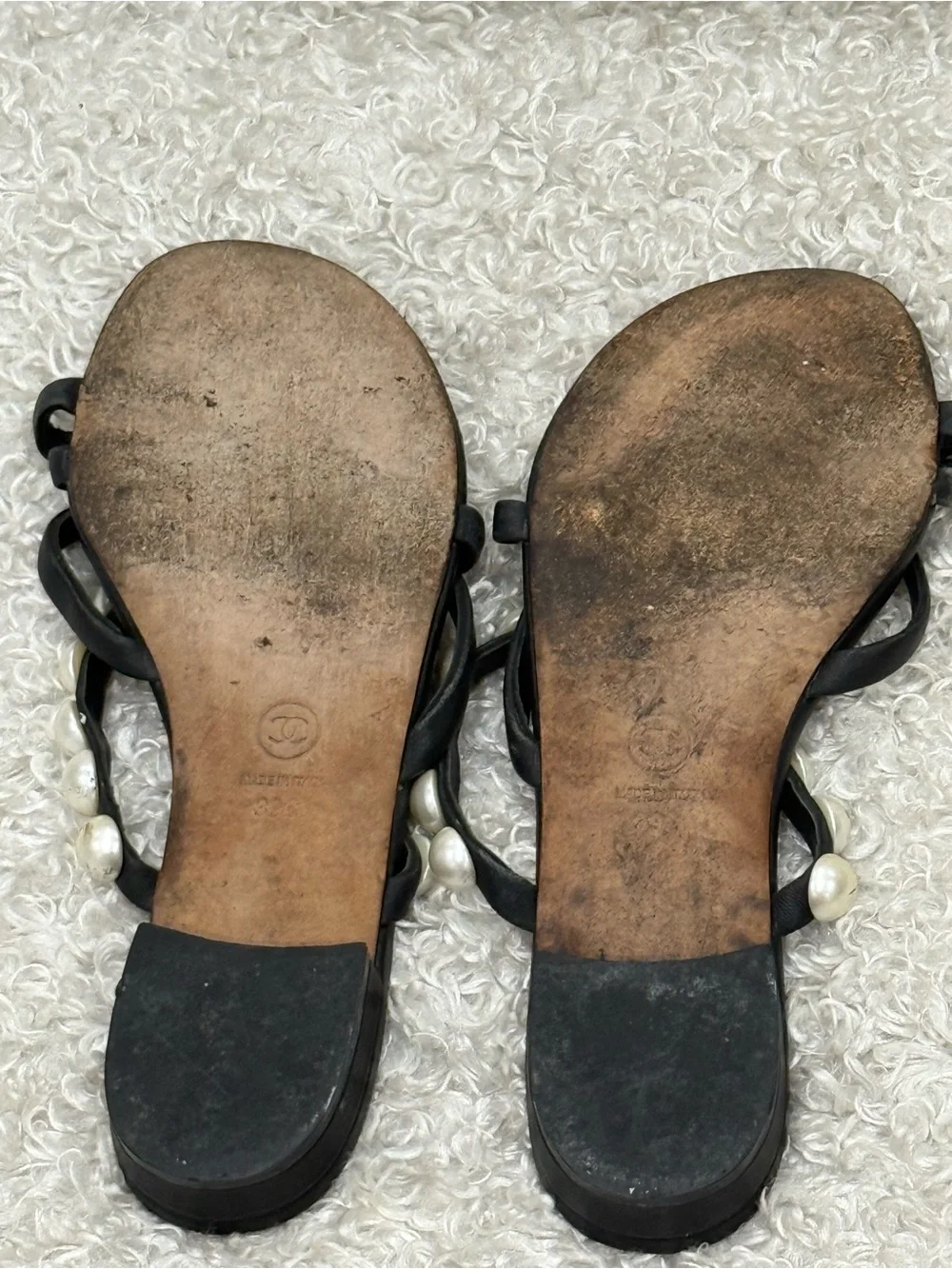 CHANEL Black Pearl Sandals Size 39C