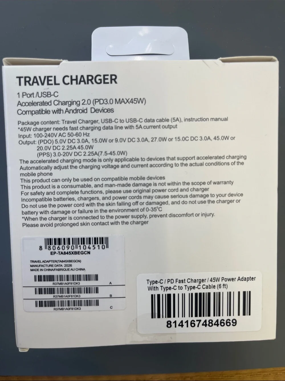 Type-C PD Fast Charger 45W - White Travel Adapter
