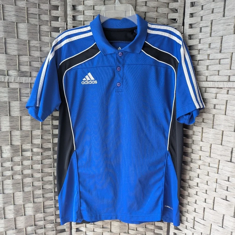 Adidas Polo Shirt Blue Climalite Three Stripe Athletic Mens Sz L Performance